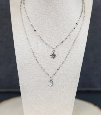 COLLIER DOUBLE ARGENTE LUNE SOLEIL