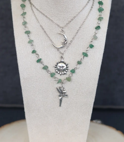 TRIPLE COLLIER LUNE SOLEIL FEE VERT