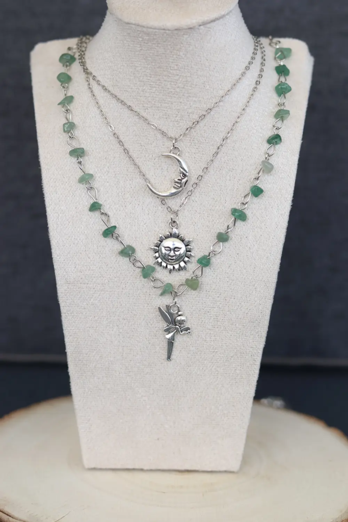 TRIPLE COLLIER LUNE SOLEIL FEE VERT