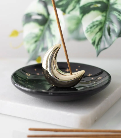 porte encens croissant de lune doré